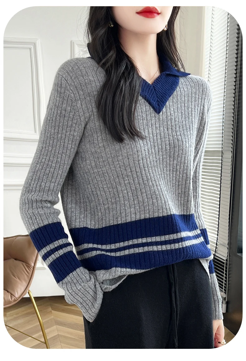 Autumn Winter New Cashmere Sweater 100% Wool Clothing Tops Women V-Neck Knit Pullover Korean Slim fit Long Sleeved Lapel Sweater