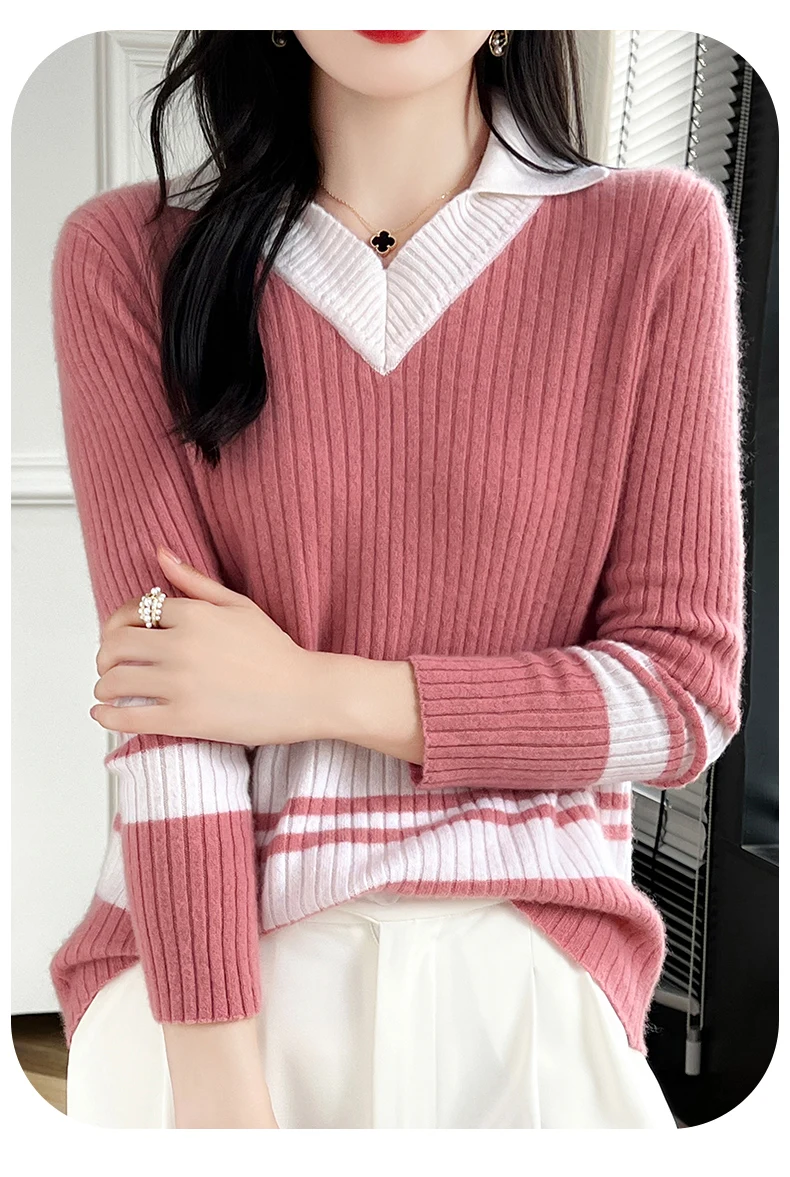 Autumn Winter New Cashmere Sweater 100% Wool Clothing Tops Women V-Neck Knit Pullover Korean Slim fit Long Sleeved Lapel Sweater