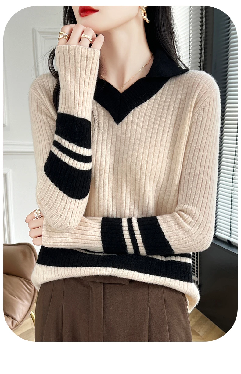 Autumn Winter New Cashmere Sweater 100% Wool Clothing Tops Women V-Neck Knit Pullover Korean Slim fit Long Sleeved Lapel Sweater