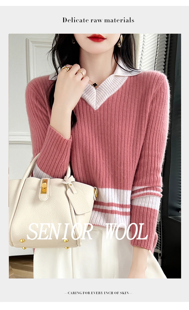 Autumn Winter New Cashmere Sweater 100% Wool Clothing Tops Women V-Neck Knit Pullover Korean Slim fit Long Sleeved Lapel Sweater