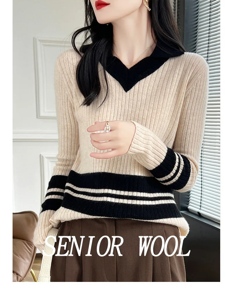 Autumn Winter New Cashmere Sweater 100% Wool Clothing Tops Women V-Neck Knit Pullover Korean Slim fit Long Sleeved Lapel Sweater