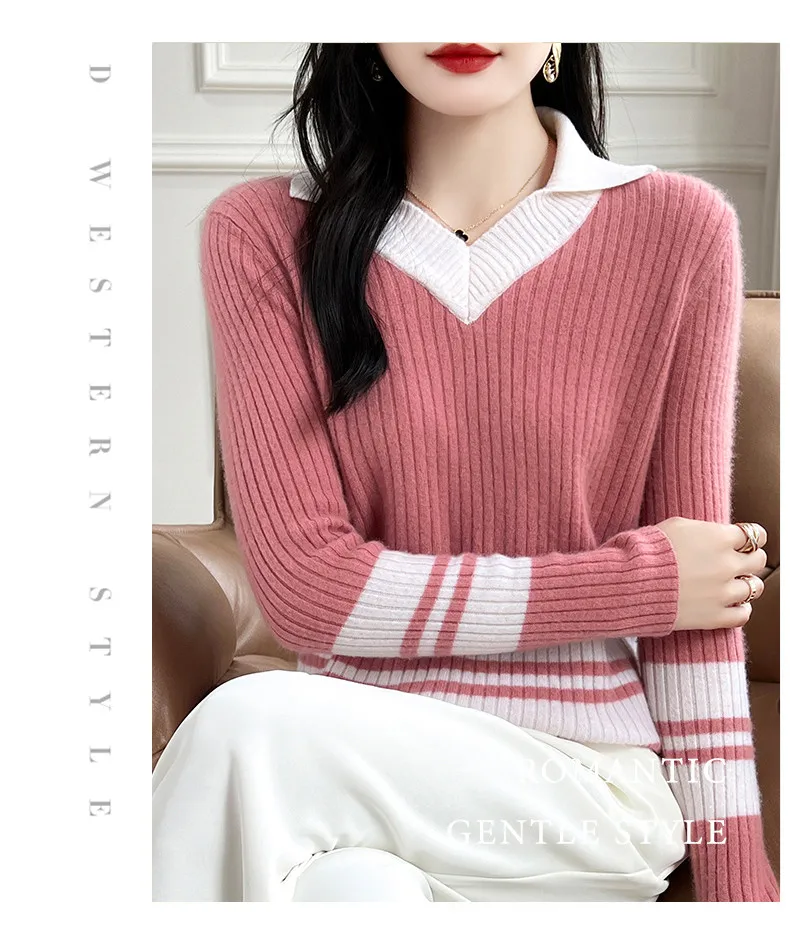 Autumn Winter New Cashmere Sweater 100% Wool Clothing Tops Women V-Neck Knit Pullover Korean Slim fit Long Sleeved Lapel Sweater