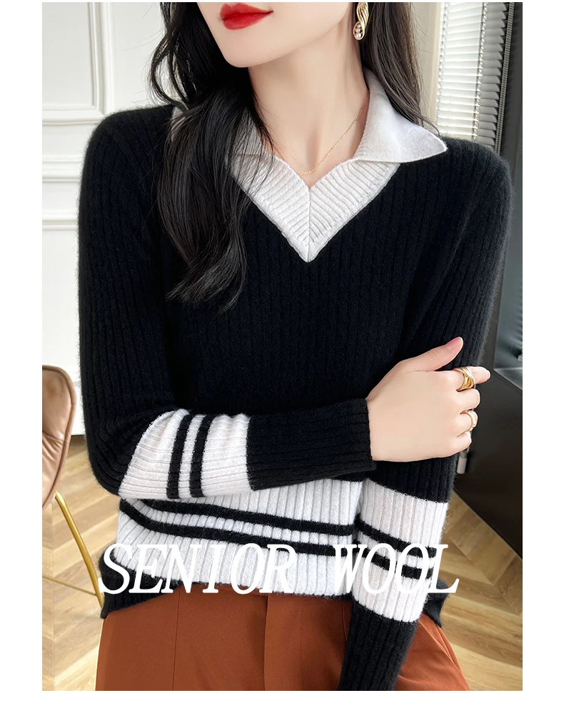 Autumn Winter New Cashmere Sweater 100% Wool Clothing Tops Women V-Neck Knit Pullover Korean Slim fit Long Sleeved Lapel Sweater