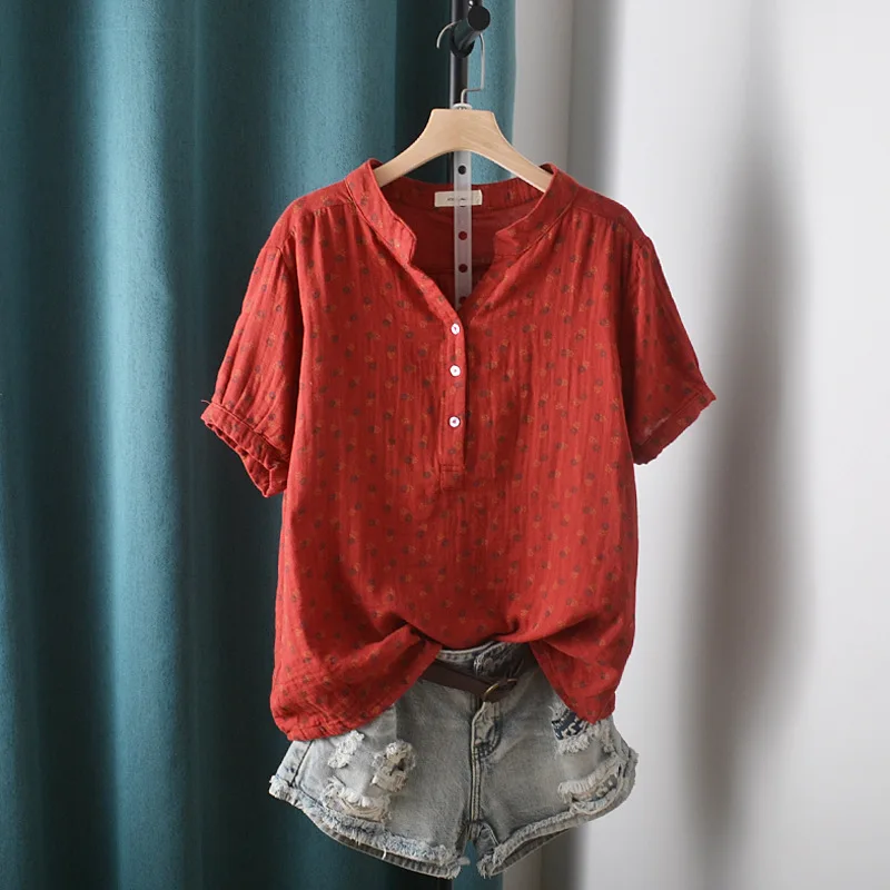 New Summer Cotton Yarn Short Sleeve Shirt V Neck Printed Tops Girl Casual Loose Versatile Commute Blouse 2024 Autumn T471135QC