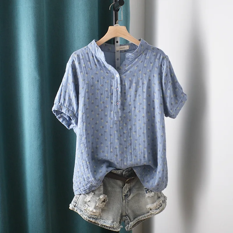 New Summer Cotton Yarn Short Sleeve Shirt V Neck Printed Tops Girl Casual Loose Versatile Commute Blouse 2024 Autumn T471135QC