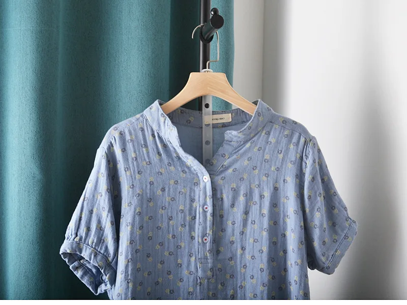 New Summer Cotton Yarn Short Sleeve Shirt V Neck Printed Tops Girl Casual Loose Versatile Commute Blouse 2024 Autumn T471135QC