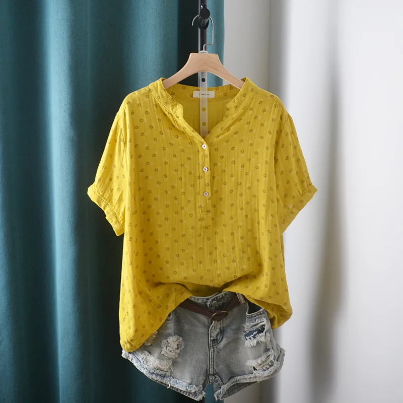 New Summer Cotton Yarn Short Sleeve Shirt V Neck Printed Tops Girl Casual Loose Versatile Commute Blouse 2024 Autumn T471135QC