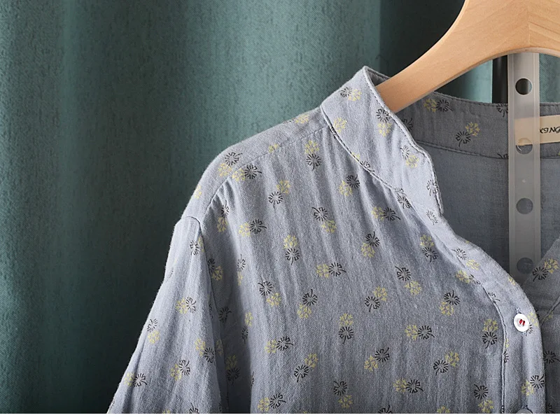 New Summer Cotton Yarn Short Sleeve Shirt V Neck Printed Tops Girl Casual Loose Versatile Commute Blouse 2024 Autumn T471135QC