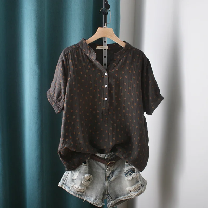 New Summer Cotton Yarn Short Sleeve Shirt V Neck Printed Tops Girl Casual Loose Versatile Commute Blouse 2024 Autumn T471135QC