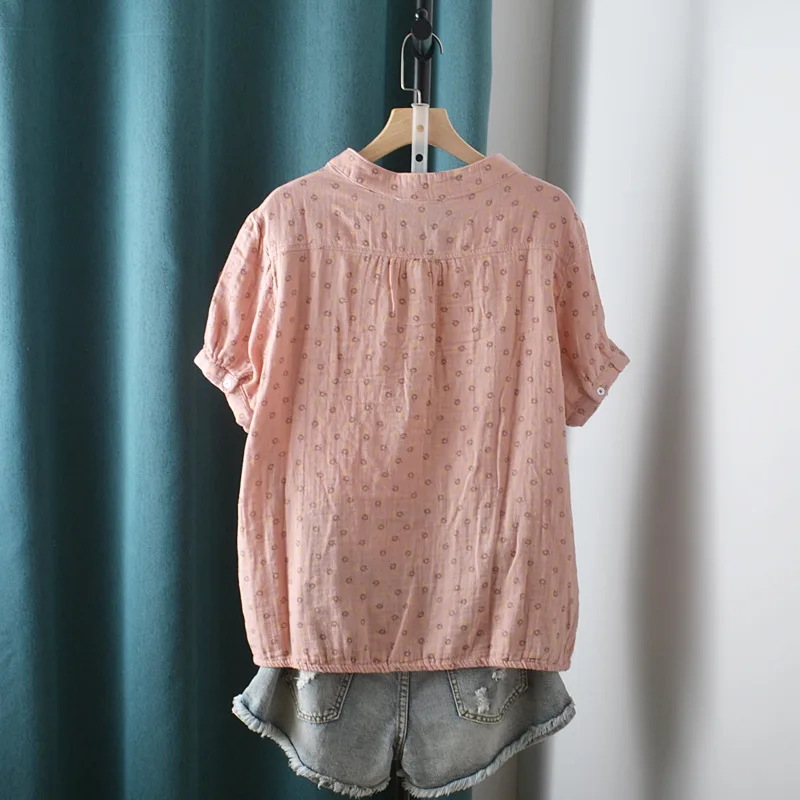 New Summer Cotton Yarn Short Sleeve Shirt V Neck Printed Tops Girl Casual Loose Versatile Commute Blouse 2024 Autumn T471135QC