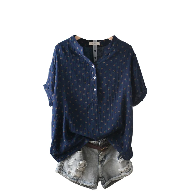 New Summer Cotton Yarn Short Sleeve Shirt V Neck Printed Tops Girl Casual Loose Versatile Commute Blouse 2024 Autumn T471135QC