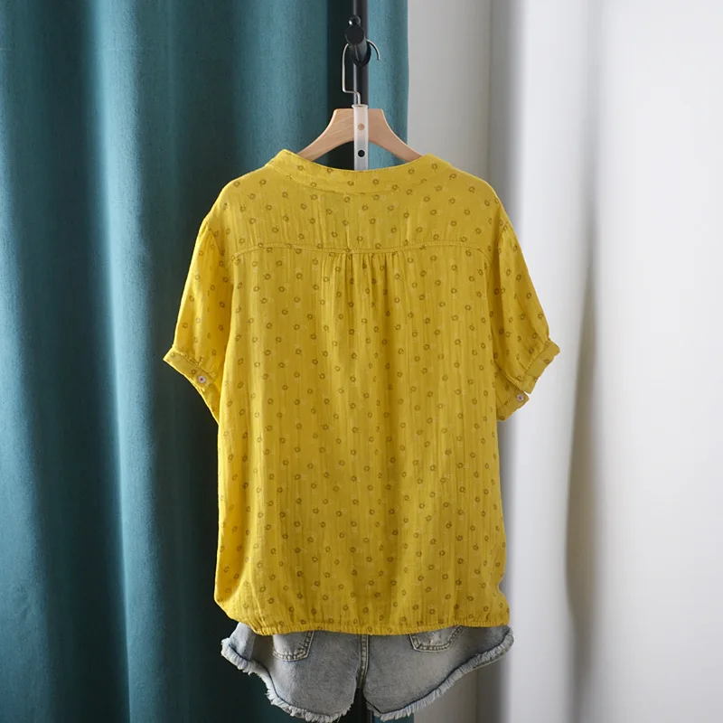 New Summer Cotton Yarn Short Sleeve Shirt V Neck Printed Tops Girl Casual Loose Versatile Commute Blouse 2024 Autumn T471135QC
