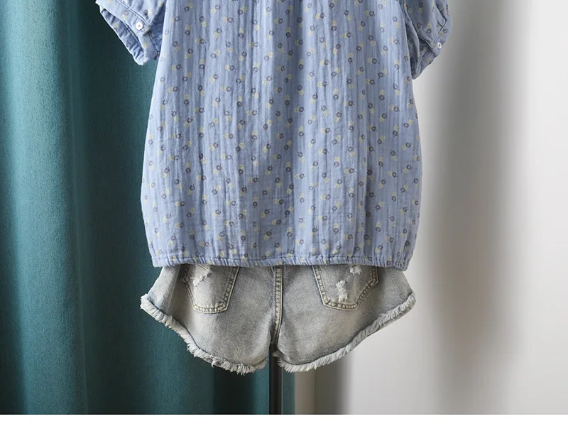 New Summer Cotton Yarn Short Sleeve Shirt V Neck Printed Tops Girl Casual Loose Versatile Commute Blouse 2024 Autumn T471135QC