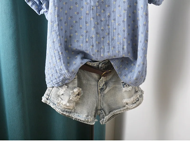 New Summer Cotton Yarn Short Sleeve Shirt V Neck Printed Tops Girl Casual Loose Versatile Commute Blouse 2024 Autumn T471135QC