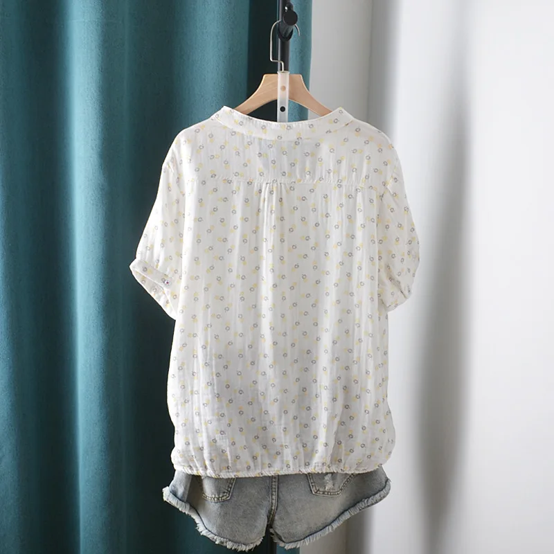 New Summer Cotton Yarn Short Sleeve Shirt V Neck Printed Tops Girl Casual Loose Versatile Commute Blouse 2024 Autumn T471135QC