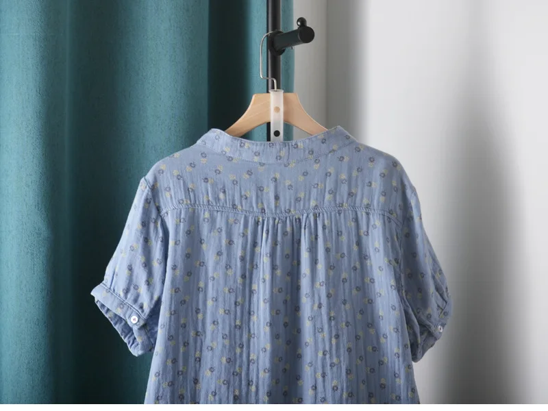 New Summer Cotton Yarn Short Sleeve Shirt V Neck Printed Tops Girl Casual Loose Versatile Commute Blouse 2024 Autumn T471135QC
