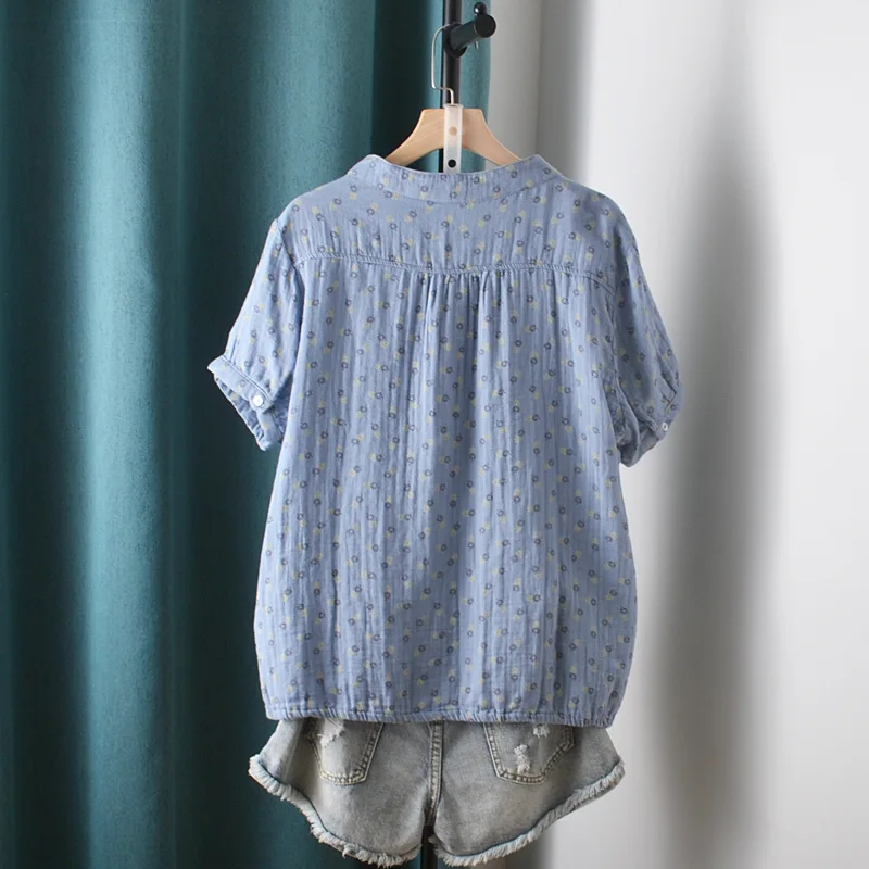 New Summer Cotton Yarn Short Sleeve Shirt V Neck Printed Tops Girl Casual Loose Versatile Commute Blouse 2024 Autumn T471135QC