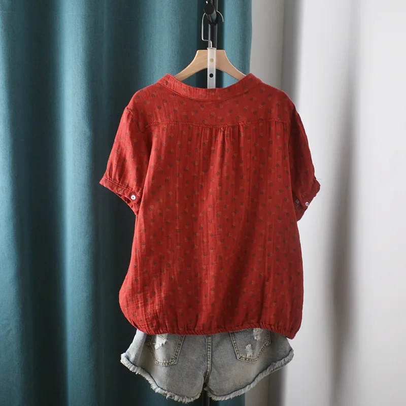 New Summer Cotton Yarn Short Sleeve Shirt V Neck Printed Tops Girl Casual Loose Versatile Commute Blouse 2024 Autumn T471135QC