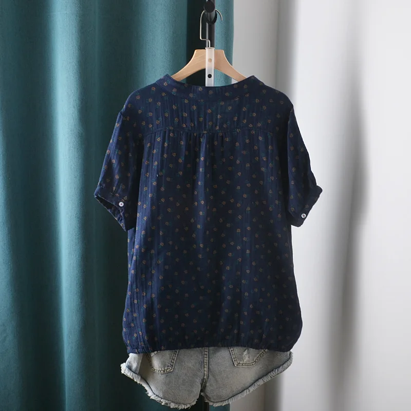 New Summer Cotton Yarn Short Sleeve Shirt V Neck Printed Tops Girl Casual Loose Versatile Commute Blouse 2024 Autumn T471135QC