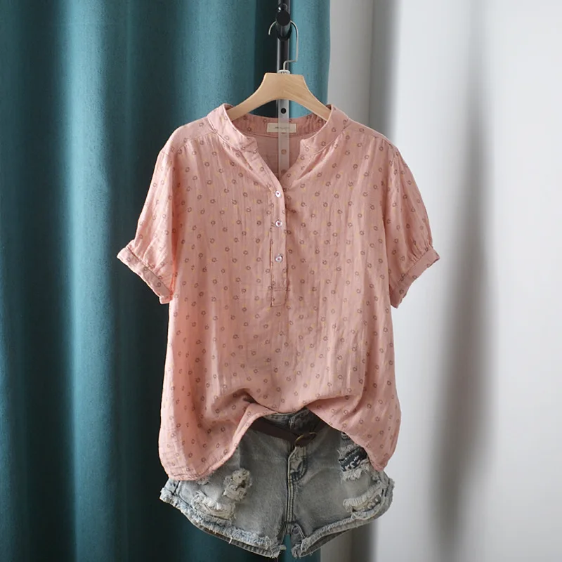 New Summer Cotton Yarn Short Sleeve Shirt V Neck Printed Tops Girl Casual Loose Versatile Commute Blouse 2024 Autumn T471135QC
