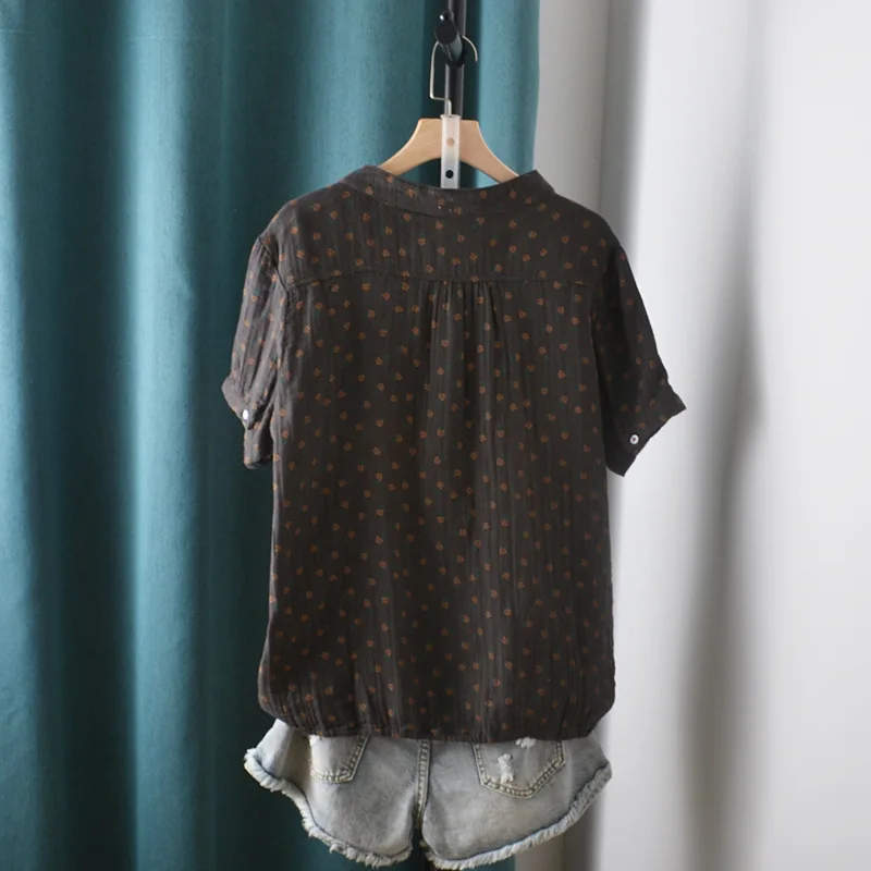 New Summer Cotton Yarn Short Sleeve Shirt V Neck Printed Tops Girl Casual Loose Versatile Commute Blouse 2024 Autumn T471135QC