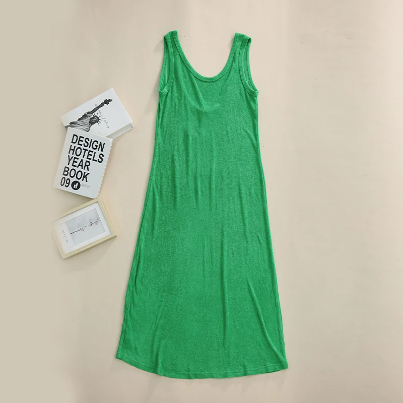 Orange Summer 100% Cotton Women Sleeveless Dress Green Long Dresses Chic Casual A-Line Beach Sundress