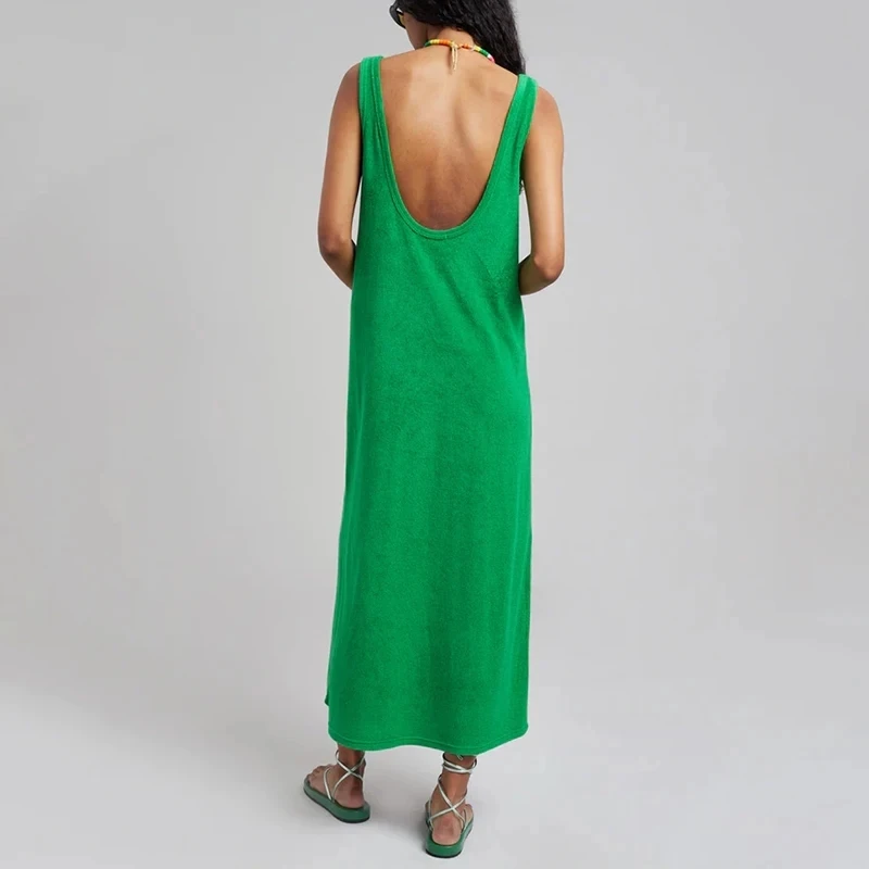 Orange Summer 100% Cotton Women Sleeveless Dress Green Long Dresses Chic Casual A-Line Beach Sundress