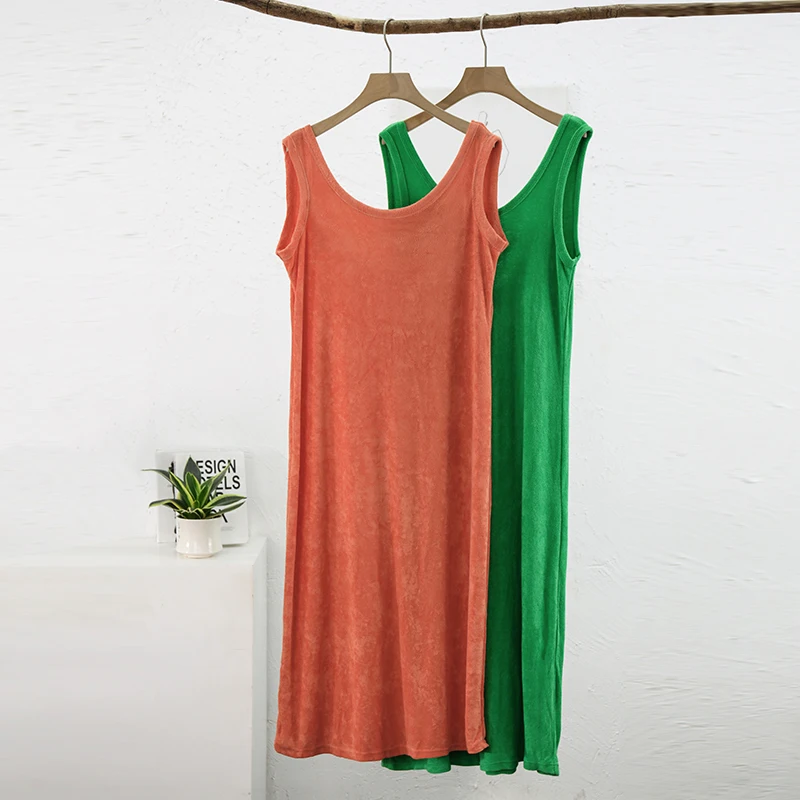 Orange Summer 100% Cotton Women Sleeveless Dress Green Long Dresses Chic Casual A-Line Beach Sundress