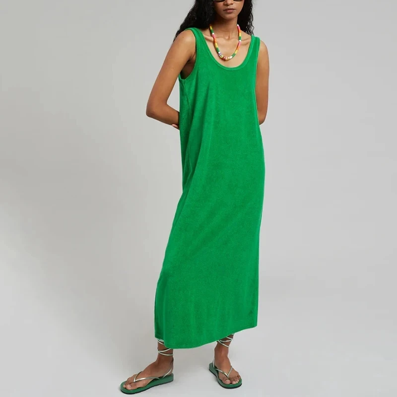 Orange Summer 100% Cotton Women Sleeveless Dress Green Long Dresses Chic Casual A-Line Beach Sundress