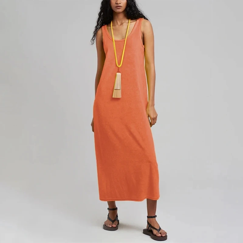 Orange Summer 100% Cotton Women Sleeveless Dress Green Long Dresses Chic Casual A-Line Beach Sundress