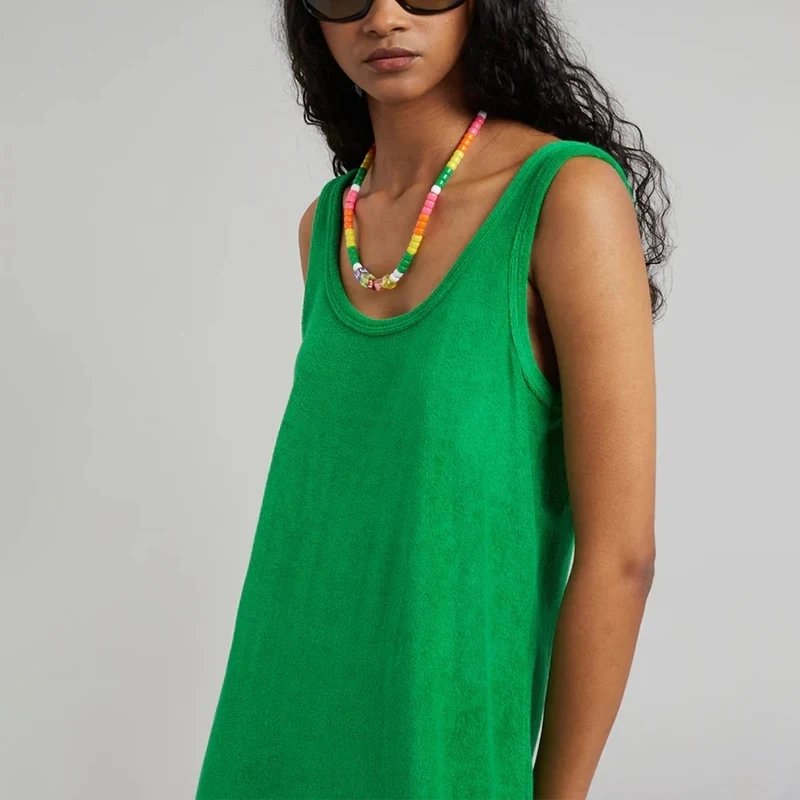 Orange Summer 100% Cotton Women Sleeveless Dress Green Long Dresses Chic Casual A-Line Beach Sundress
