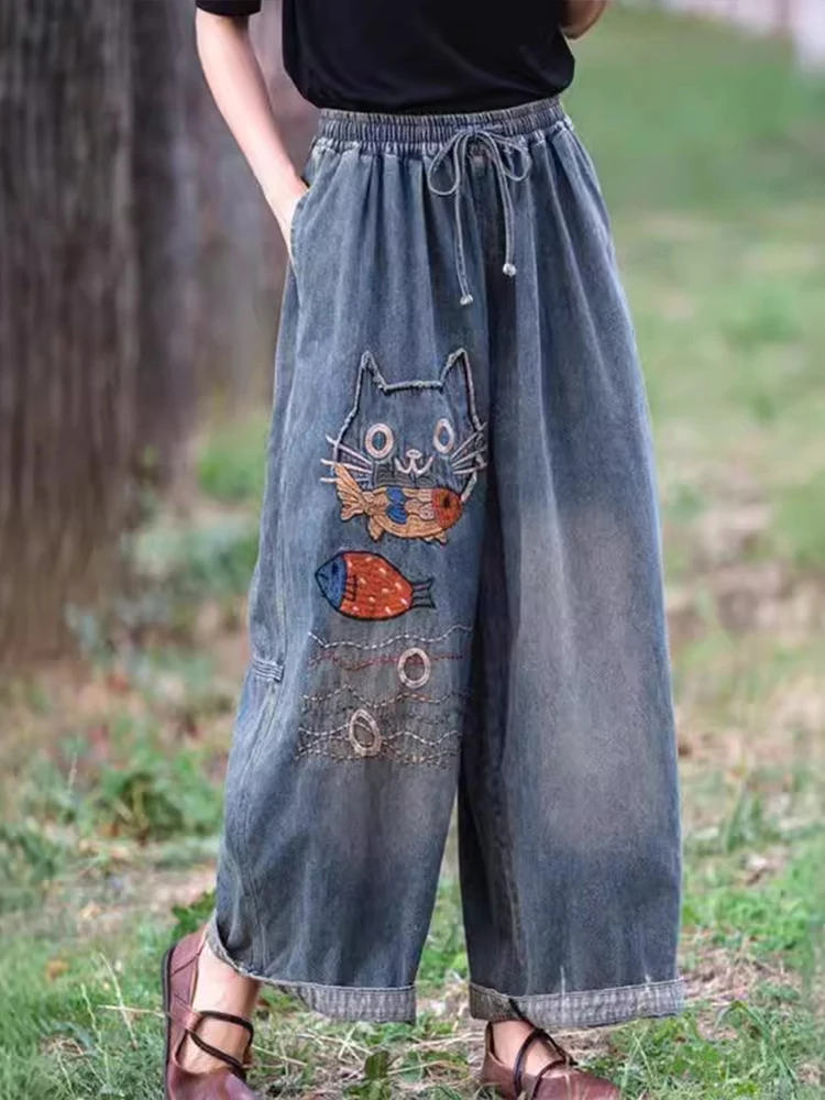 Amax luluE Brand Autumn Fashion Jeans Womens Vintage Loose Embroidery Denim Pants Ladies Casual Classic Cartoon Elastic Trousers