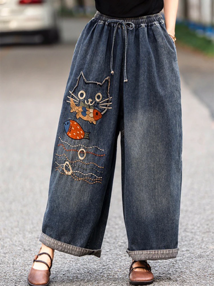 Amax luluE Brand Autumn Fashion Jeans Womens Vintage Loose Embroidery Denim Pants Ladies Casual Classic Cartoon Elastic Trousers