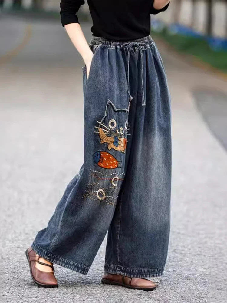 Amax luluE Brand Autumn Fashion Jeans Womens Vintage Loose Embroidery Denim Pants Ladies Casual Classic Cartoon Elastic Trousers