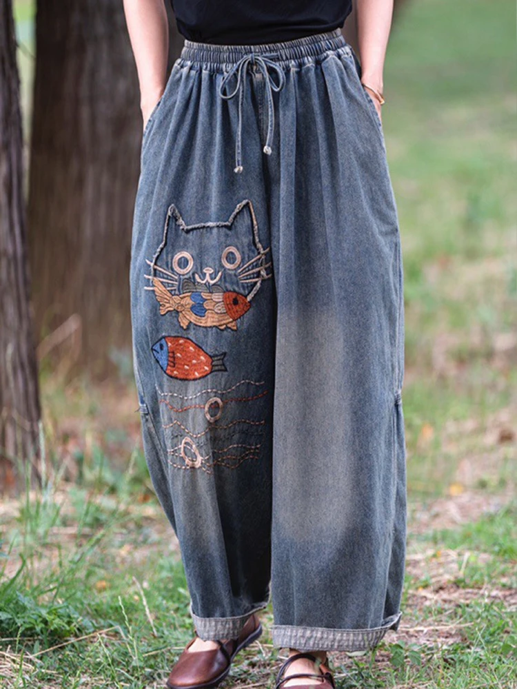 Amax luluE Brand Autumn Fashion Jeans Womens Vintage Loose Embroidery Denim Pants Ladies Casual Classic Cartoon Elastic Trousers