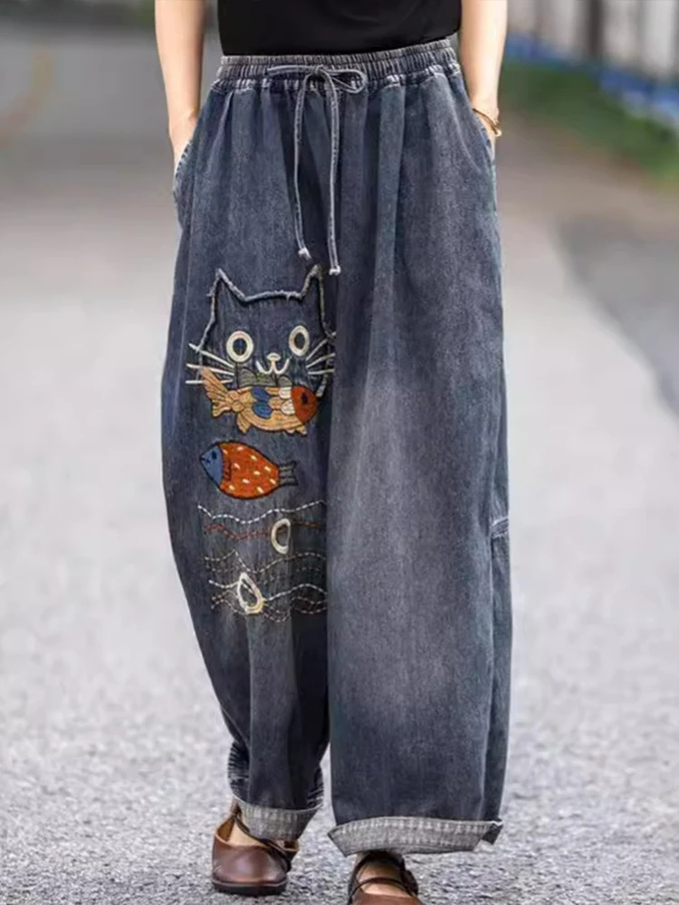 Amax luluE Brand Autumn Fashion Jeans Womens Vintage Loose Embroidery Denim Pants Ladies Casual Classic Cartoon Elastic Trousers