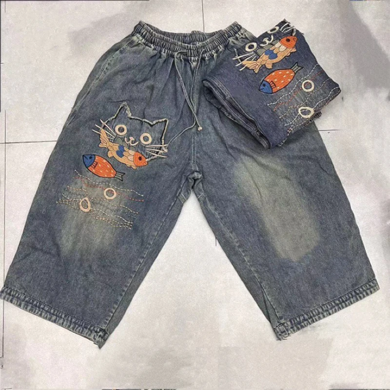 Amax luluE Brand Autumn Fashion Jeans Womens Vintage Loose Embroidery Denim Pants Ladies Casual Classic Cartoon Elastic Trousers