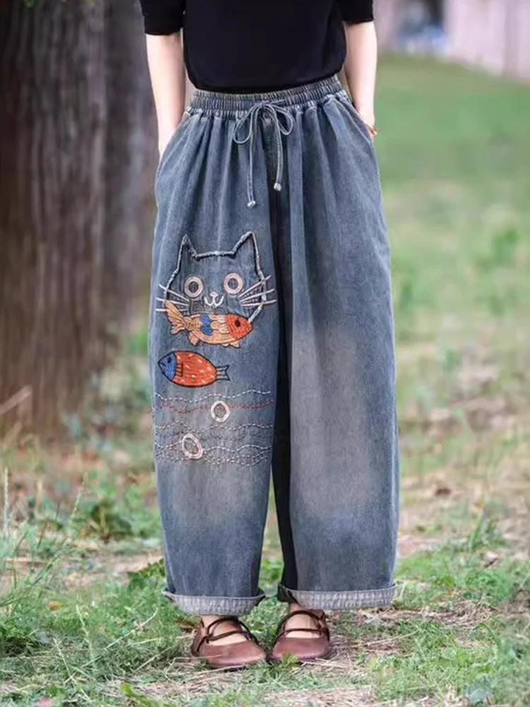 Amax luluE Brand Autumn Fashion Jeans Womens Vintage Loose Embroidery Denim Pants Ladies Casual Classic Cartoon Elastic Trousers