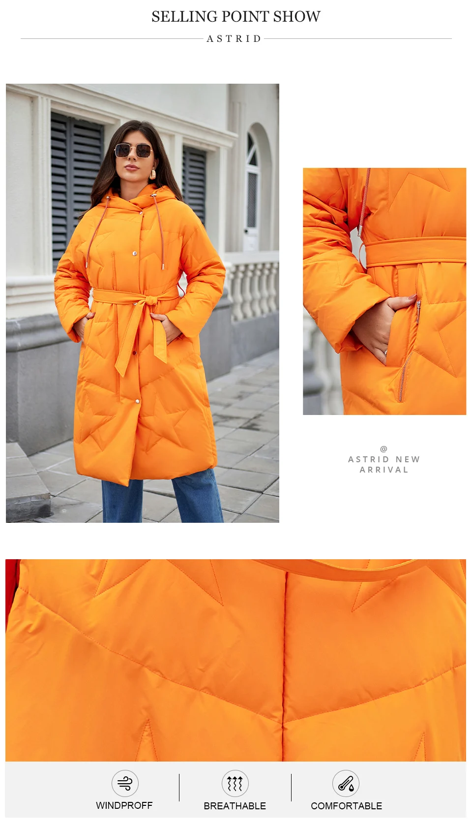 Astrid Fashion Women's Autumn Winter Parka Plus Size Woman Clothing Long Loose Padding Warm Hood Lady Quilted Jacket Coats Belt