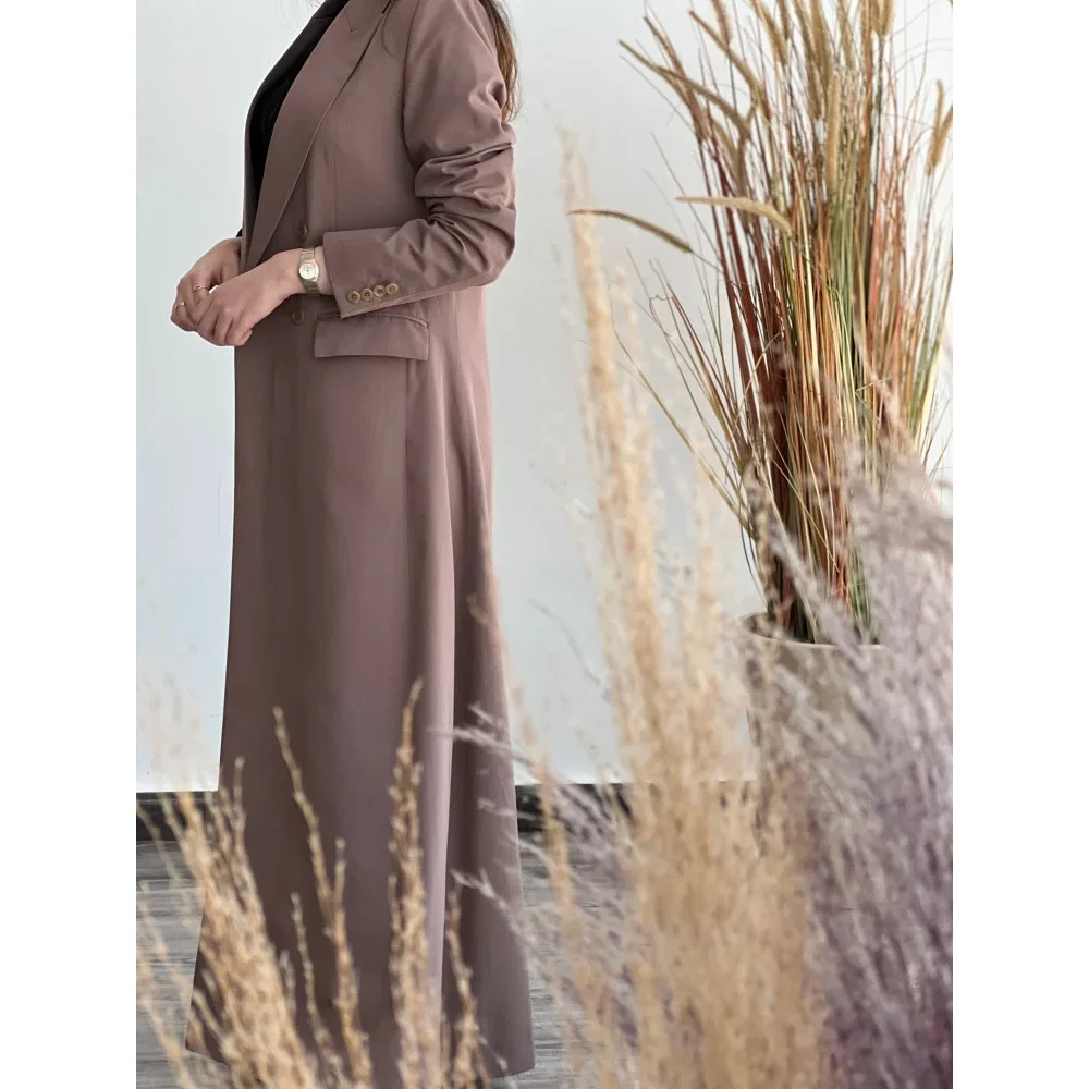 Chic Solid Abaya Blazer Fashion Double Breasted Peak Lapel Long Coat 1 Piece Luxury Dubai Muslim Daily Casual Outerwears