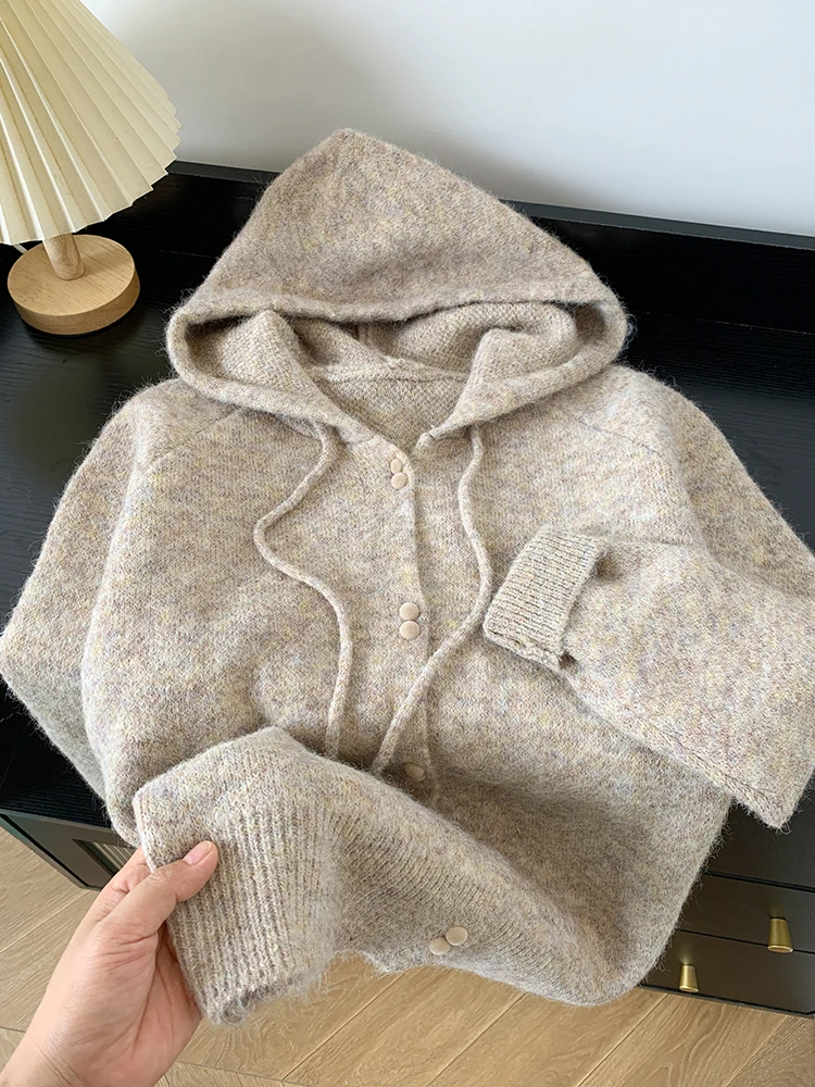 Korean Hooded Knitted Cardigan Women Autumn Winter New Fashion Casual Loose Lazy Style Sweater Female Streetwear Sweater Coats