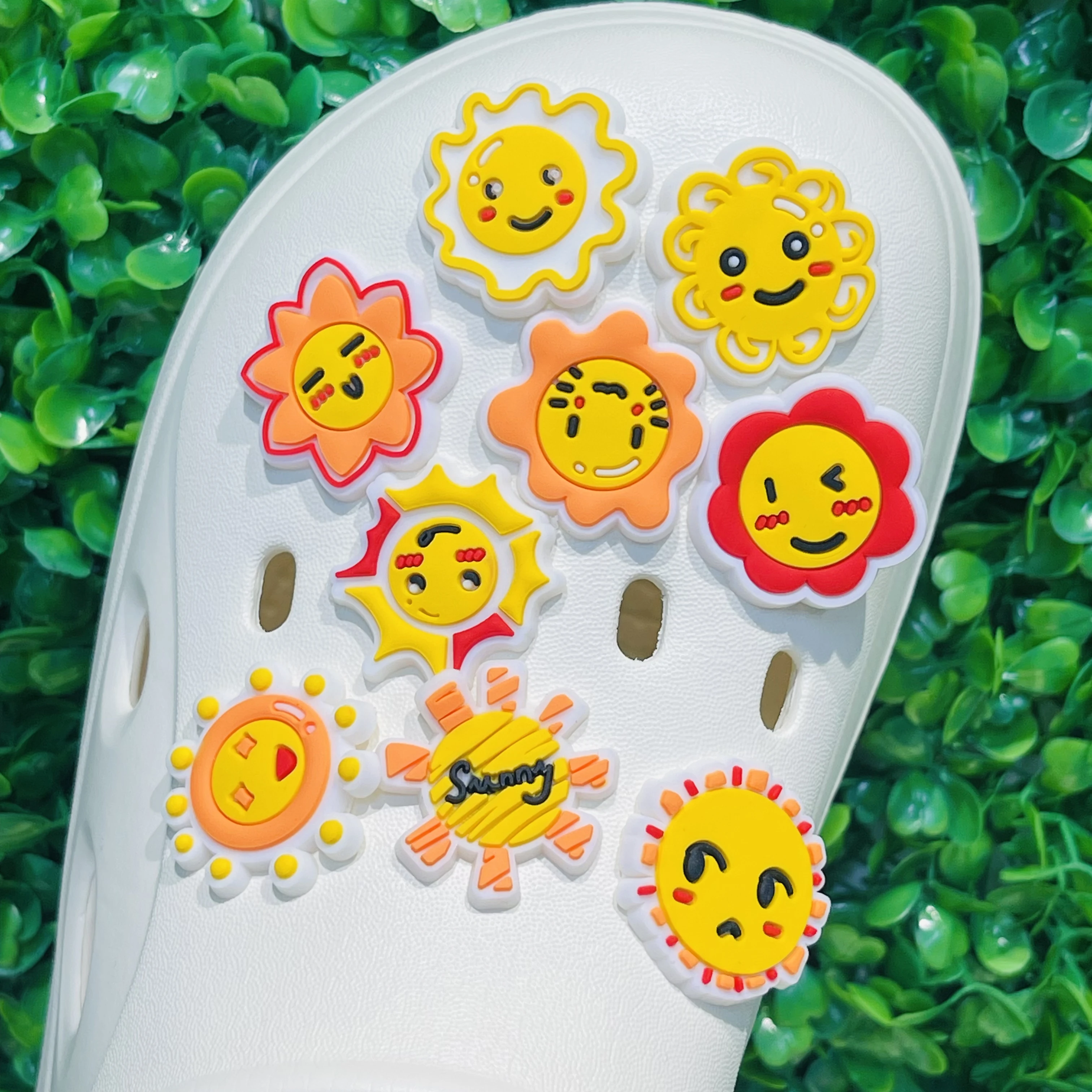 Good Quality 1pcs Kawaii Sun Expression PVC Shoe Charms Sandals Shoes Accessories Shoes Ornament Fit Kids DIY Party Xmas Gift