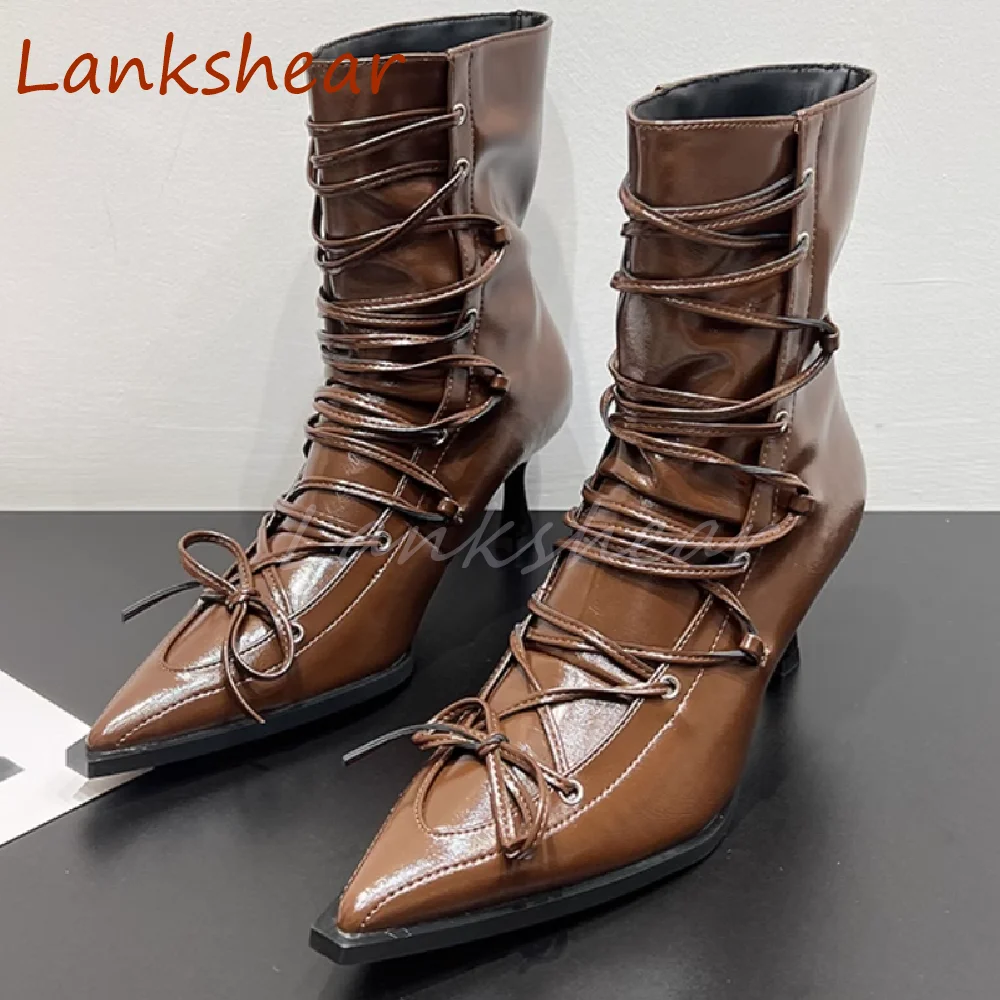 Pointed Toe Cross Tied Women Boots Mid Calf Fashion Solid Thin Heel Patent Leather Niche Design Autumn Women Shoes New Arrivals