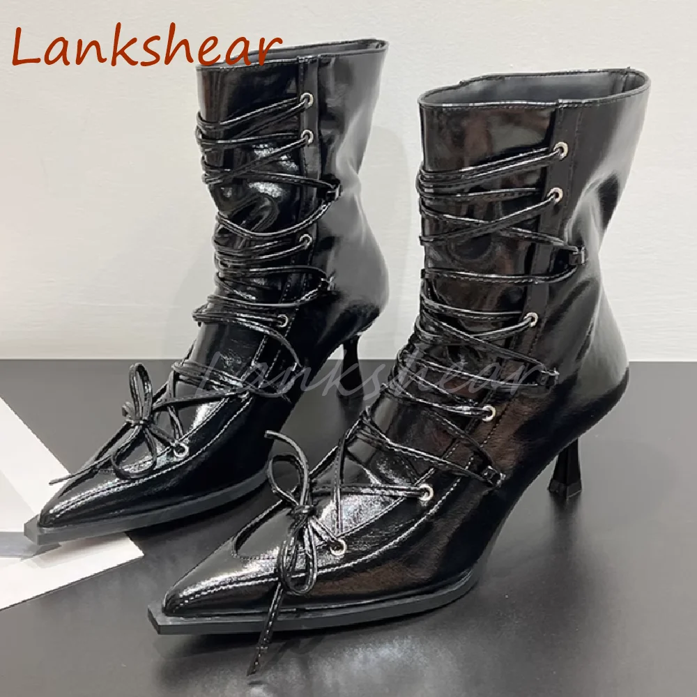Pointed Toe Cross Tied Women Boots Mid Calf Fashion Solid Thin Heel Patent Leather Niche Design Autumn Women Shoes New Arrivals