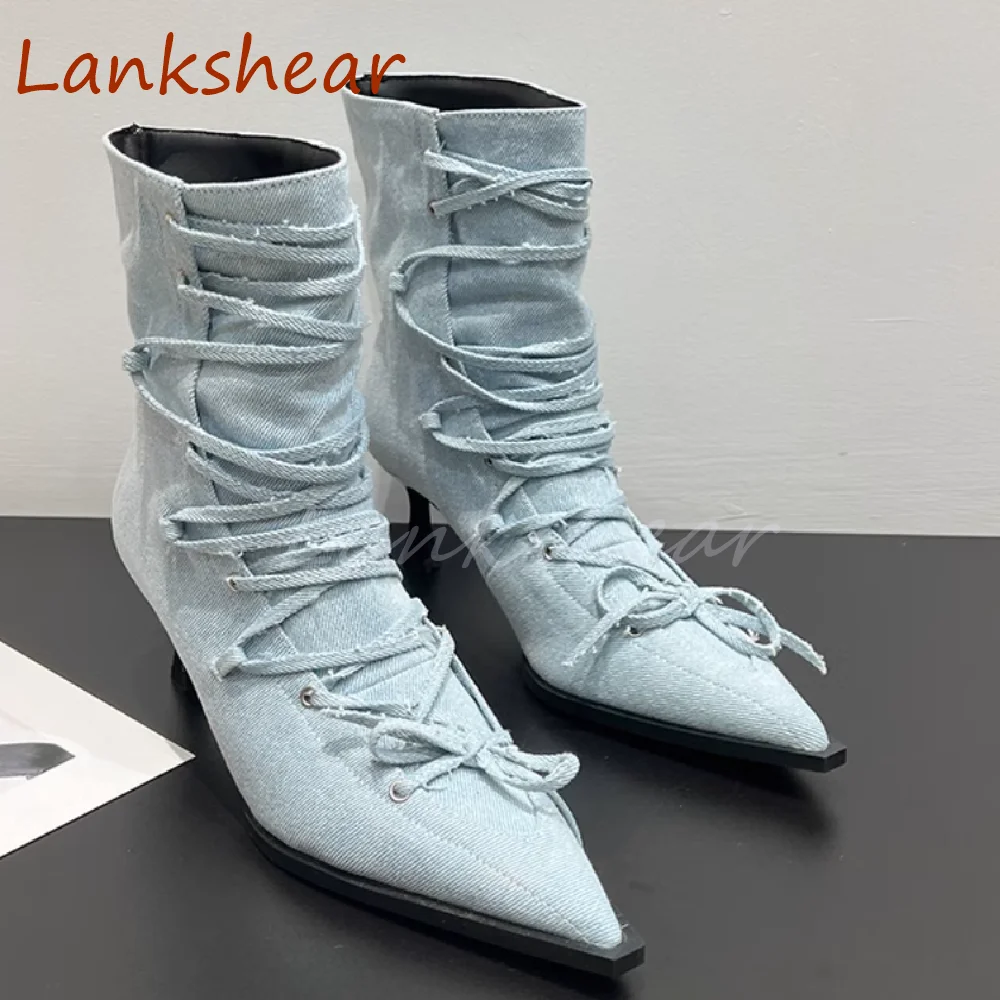 Pointed Toe Cross Tied Women Boots Mid Calf Fashion Solid Thin Heel Patent Leather Niche Design Autumn Women Shoes New Arrivals