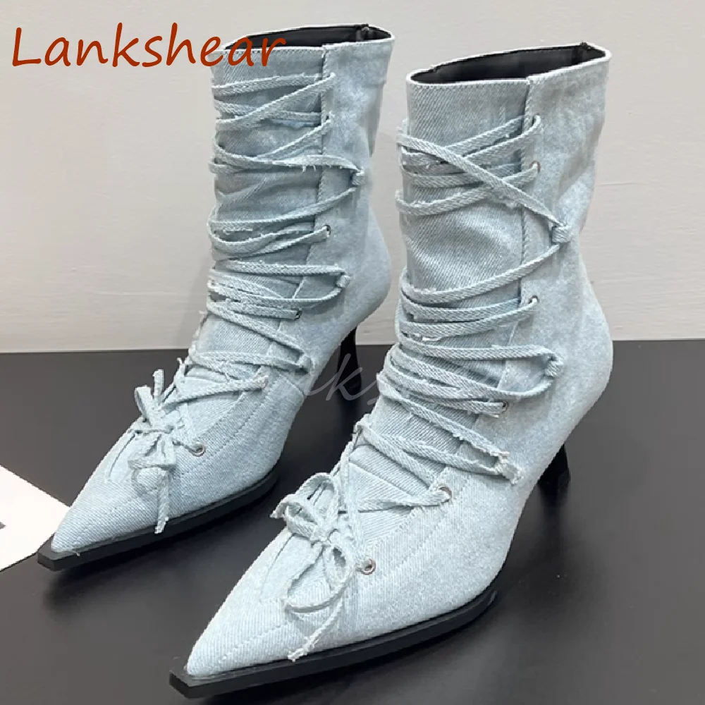 Pointed Toe Cross Tied Women Boots Mid Calf Fashion Solid Thin Heel Patent Leather Niche Design Autumn Women Shoes New Arrivals