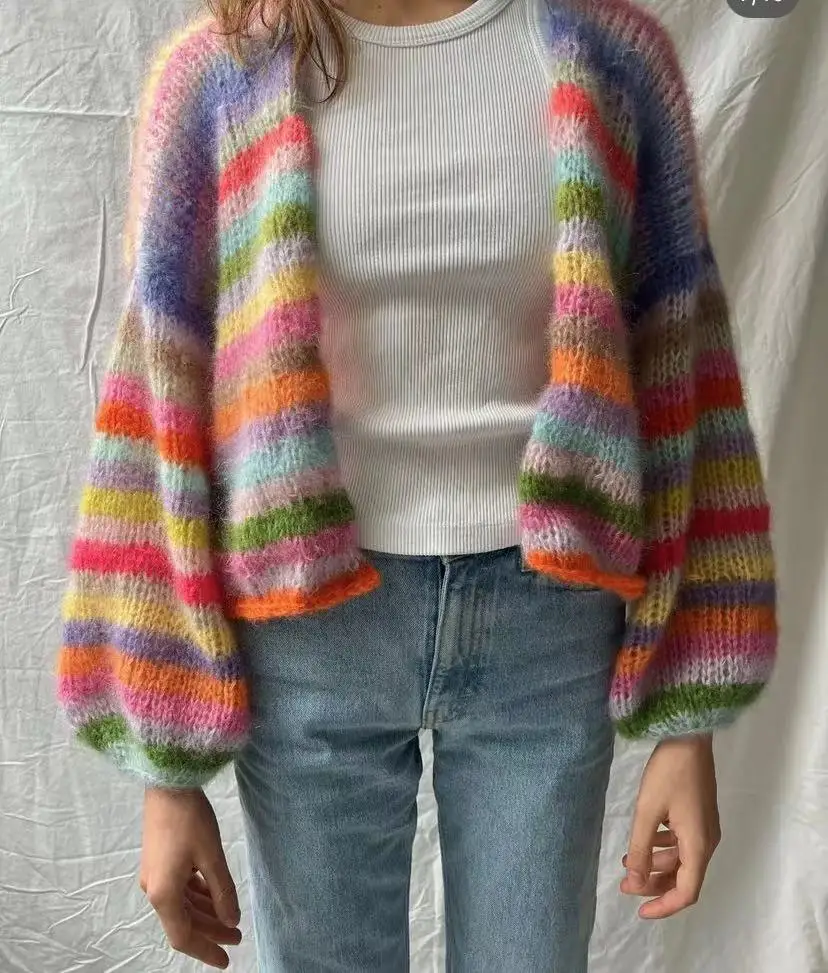 Striped Mink Fur Coat for Women Loose and Lazy Style Handmade Knitted Sweater Short Cardigan, Simple Jacket, Early Autumn, New,