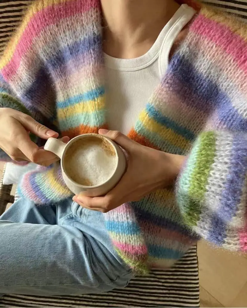 Striped Mink Fur Coat for Women Loose and Lazy Style Handmade Knitted Sweater Short Cardigan, Simple Jacket, Early Autumn, New,