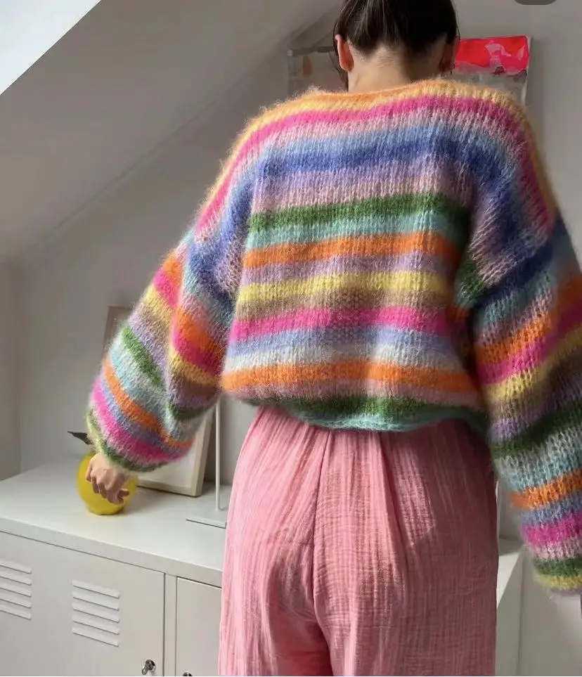 Striped Mink Fur Coat for Women Loose and Lazy Style Handmade Knitted Sweater Short Cardigan, Simple Jacket, Early Autumn, New,