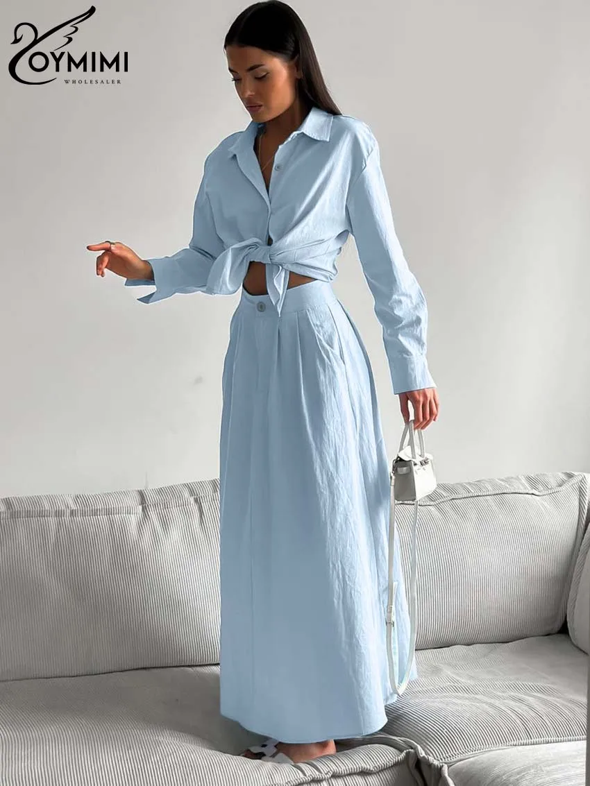 Oymimi Fashion Blue Cotton Two Piece Set For Women Elegant Lapel Long Sleeve Shirts And High Waisted Button Skirts Female Sets